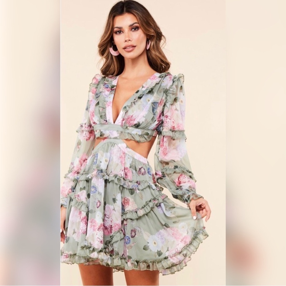 Boutique Ruffle Tiered Cutout Dress in Sage